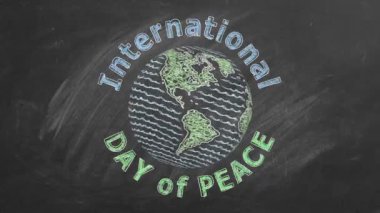 Dönen dünya ve yazıtlar uluslararası barış günü. 21 Eylül. Tahtaya tebeşir çizilmiş ve canlandırılmış resimleme.
