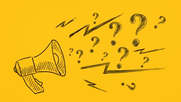 Megaphone Question Marks Hand Drawn Yellow Background Ask Help Faq — Vídeos de Stock