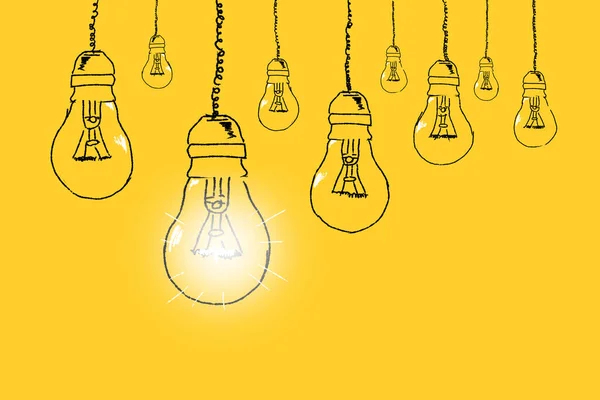 Set Light Bulbs Hand Drawn Yellow Background Concept Unique Thinking — Stock Photo, Image