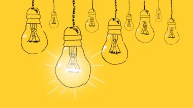 Set of light bulbs hand drawn on a yellow background. Concept of unique thinking. Idea concept.