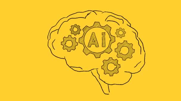 Rotating Gears Human Brain Illustration Yellow Background Artificial Intelligence Concept — Αρχείο Βίντεο