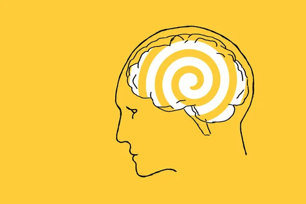 Human head with hypnotic spiral in the head on a yellow background. Hypnosis, psychosis, psychologic disorder, mental illness. Psychedelic and hallucinogenic consciousness of mind. Brainwashing.