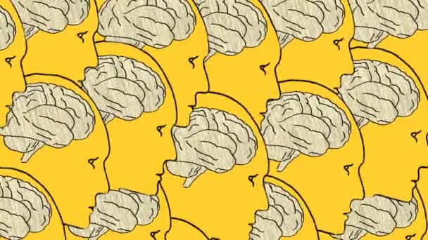 Human Heads Brain Animated Illustration Yellow Background Concept Human Creativity — Vídeo de stock