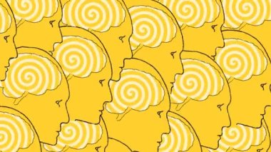 Human heads with hypnotic spiral in the heads. Hypnosis, psychosis, psychologic disorder, mental illness. Psychedelic and hallucinogenic consciousness of mind. Brainwashing. Total control.