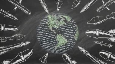 3. Dünya Savaşı. 3. Dünya Savaşı konsepti. Bombalar ve seyir füzeleri tarafından tehdit edilen dönen bir dünya..