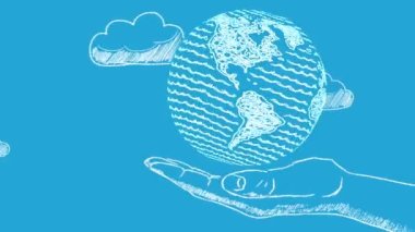 Rotating Globe in a mans hand. Hand drawn illustration. Save the World. Peace or global business concept. Earth day concept. Travel concept. Trip around the world. International day of peace