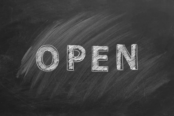 Hand Drawn Text Open Blackboard Chalkboard Shop Sign — Zdjęcie stockowe