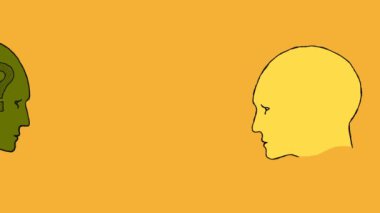 İçinde soru işaretleri olan insan kafaları ve içinde ampul olan bir kafa. Sarı üzerine animasyon. Fikir üretimi, SSS