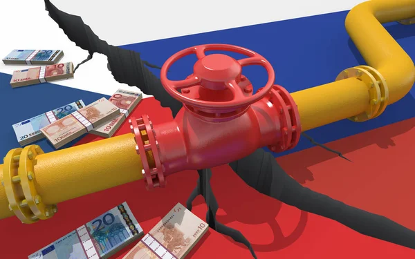 以俄罗斯和捷克共和国国旗为背景的带有阀门的天然气或石油管道 对乌克兰的入侵造成的金融制裁和能源禁运 石油进口出口 3D渲染 — 图库照片