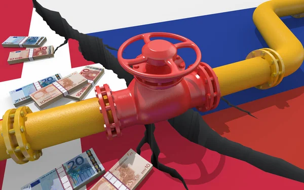 以俄罗斯和丹麦国旗为背景的带有阀门的天然气或石油管道 对乌克兰的入侵造成的金融制裁和能源禁运 石油进口出口 3D渲染 — 图库照片