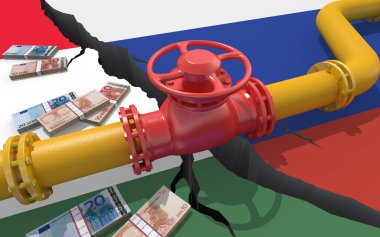 Rusya ve Macaristan 'ın bayraklarının arka planında vanası olan doğal gaz veya petrol boru hattı. Ukrayna 'nın işgali yüzünden mali yaptırımlar ve enerji ambargosu. Petrol ithalatı. 3d hazırlayıcı