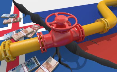 Rusya ve İzlanda 'nın bayraklarının arka planında vanası olan doğal gaz veya petrol boru hattı. Ukrayna 'nın işgali yüzünden mali yaptırımlar ve enerji ambargosu. Petrol ithalatı. 3d hazırlayıcı