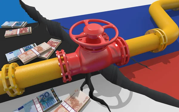以俄罗斯和爱沙尼亚国旗为背景的带有阀门的天然气或石油管道 对乌克兰的入侵造成的金融制裁和能源禁运 石油进口出口 3D渲染 — 图库照片
