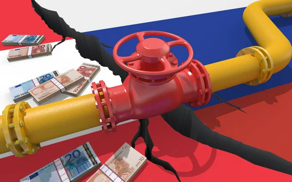 Gas Oil Pipeline Valve Background Flags Russia Austria Financial Sanctions — Stock Photo, Image