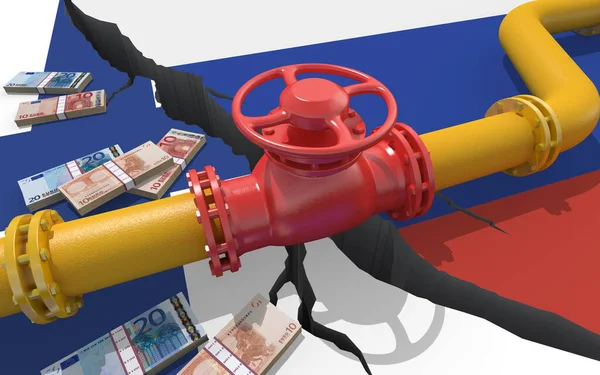 以俄罗斯和芬兰国旗为背景的带有阀门的天然气或石油管道 对乌克兰的入侵造成的金融制裁和能源禁运 石油进口出口 3D渲染 — 图库照片
