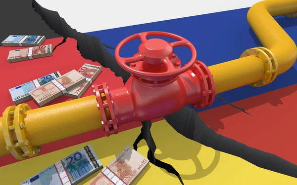 以俄罗斯和德国国旗为背景的带有阀门的天然气或石油管道 对乌克兰的入侵造成的金融制裁和能源禁运 石油进口出口 3D渲染 — 图库照片
