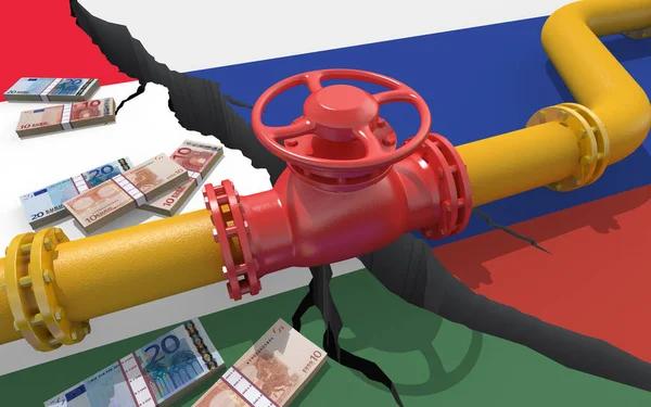 Gas Oder Ölpipeline Mit Ventil Auf Dem Hintergrund Der Flaggen — Stockfoto