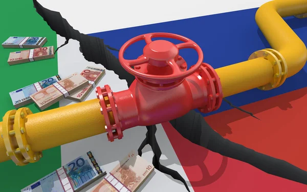 Plynovod Nebo Ropovod Ventilem Pozadí Vlajek Ruska Itálie Finanční Sankce — Stock fotografie