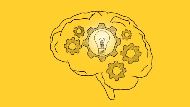 Rotating Gears Lightbulb Human Brain Illustration Yellow Concept Idea — Stockvideo