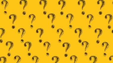 Sarı arka planda soru işaretleri var. Yardım iste. SSS konsepti. Sorular soruyor. Kusursuz döngü videosu.
