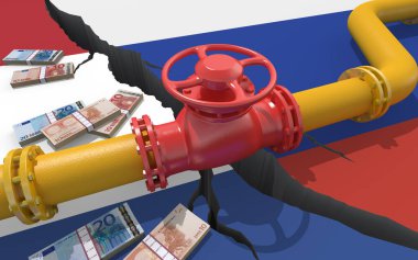 Rusya ve Hollanda 'nın bayraklarının arka planında vanası olan doğal gaz veya petrol boru hattı. Ukrayna 'nın işgali yüzünden mali yaptırımlar ve enerji ambargosu. Petrol ithalatı. 3d hazırlayıcı