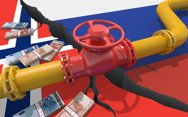 ロシアとノルウェーの国旗を背景にバルブ付きガスまたはオイルパイプライン ウクライナ侵攻のための金融制裁とエネルギー禁輸 輸入石油輸出 3Dレンダリング — ストック写真
