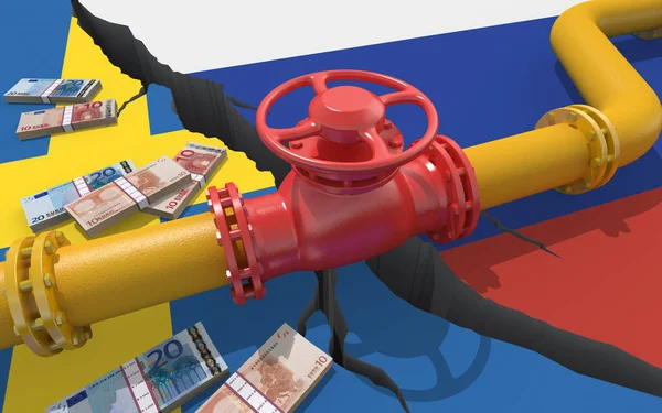 以俄罗斯和瑞典国旗为背景的带有阀门的天然气或石油管道 对乌克兰的入侵造成的金融制裁和能源禁运 石油进口出口 3D渲染 — 图库照片