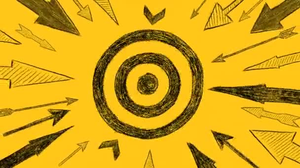 Many Different Arrows Target Drawn Yellow Background Concept Threat Danger — Vídeo de Stock