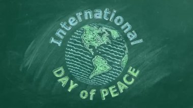 Rotating globe and lettering International day of peace. 21 September. Chalk drawn and animated illustration on greenboard.