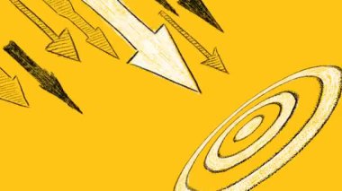 Many different arrows and target drawn on yellow background. Concept of threat, danger, menace, imminence