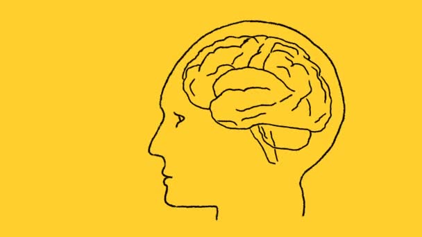 Cabeza Humana Con Dibujo Cerebral Sobre Fondo Amarillo — Vídeos de Stock