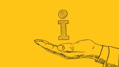 Human hand and info icon drawn on yellow. First-hand information, direct information, first hand knowledge, primary information concept.