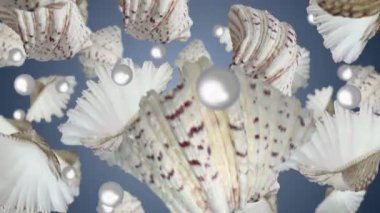Sea shells with pearls falling down on a blue background. Seamless looping slow motion 4k video