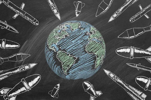 Ww3 World War Concept Chalk Drawn Globe Bombs Cruise Missiles — Fotografia de Stock