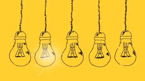 Row Light Bulbs Hand Drawn Yellow Background Concept Brainstorming Idea — Stock video