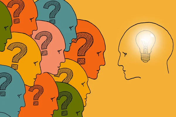 Human Heads Question Marks One Head Light Bulb Illustration Yellow — Stockfoto