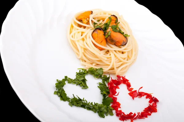 Spaghetti en mosselen — Stockfoto