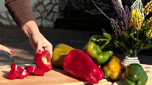 Mujer picando pimientos en el jardín — Vídeo de stock