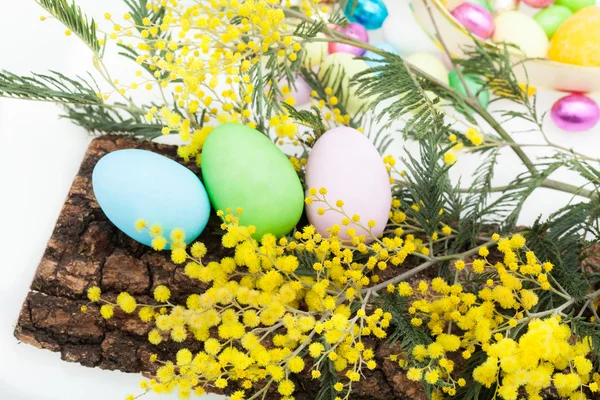 Arreglo con huevos de Pascua y Mimosa — Foto de Stock