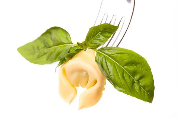 Tortellino e manjericão sobre branco — Fotografia de Stock