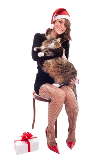 Santa babe met maine coon kat — Stockfoto