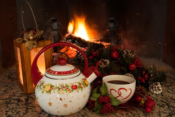 Tea Time In Front Of The Fireplace — Stock Photo, Image
