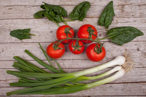 Cipolle verdi, Pomodori, Foglie di spinaci — Foto Stock