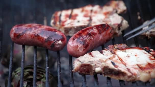 Embutidos y filetes a la parrilla — Vídeos de Stock