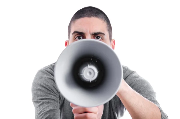 Homem irritado gritando em um megafone — Fotografia de Stock