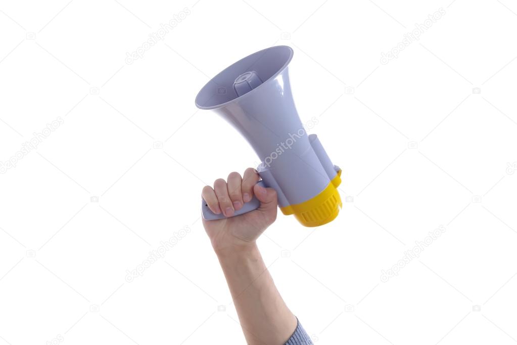 Male hand holding a megaphone or loud haler