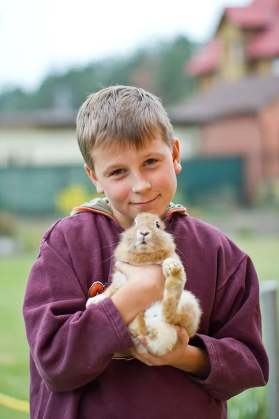 Happy boy with a rabbit — Stock Photo, Image