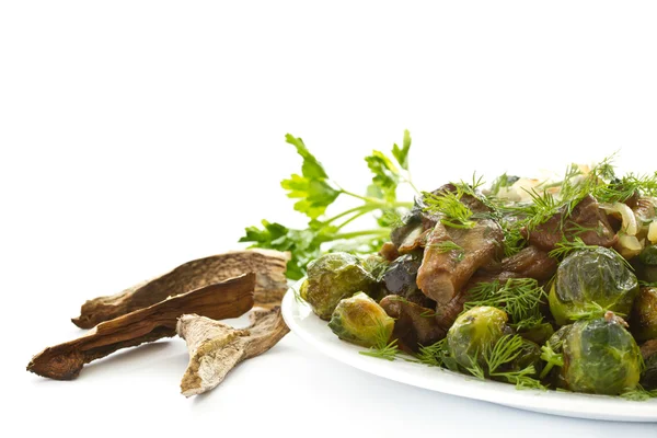 Roasted brussels sprouts and mushrooms — Stock Photo, Image