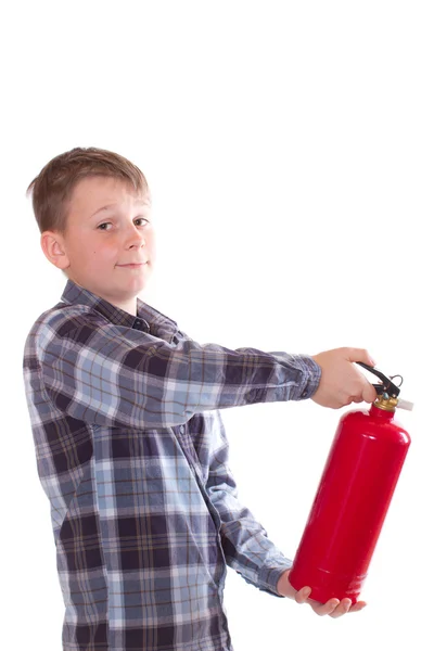Αγόρι με έναν πυροσβεστήρα — Φωτογραφία Αρχείου