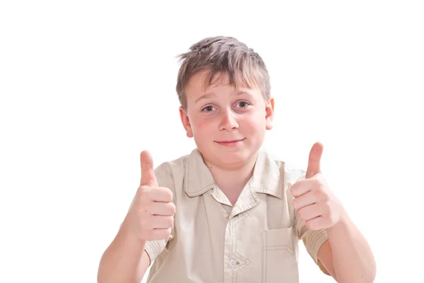 Portrét dospívající chlapce ukazuje obě ruce dokonale Stock Fotografie